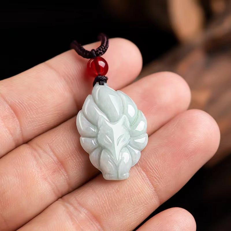 Real Jade Nine Tailed Fox Pendant, Authentic Carving Kitsune White Jadeite Necklace