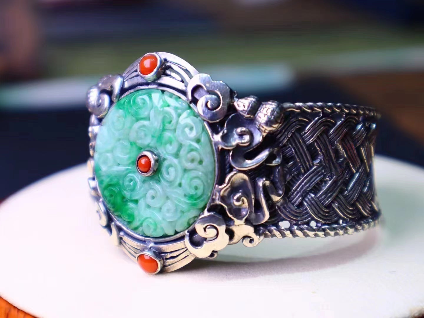 Burmese Green jadeite donut inlay jade donut silver bangle
