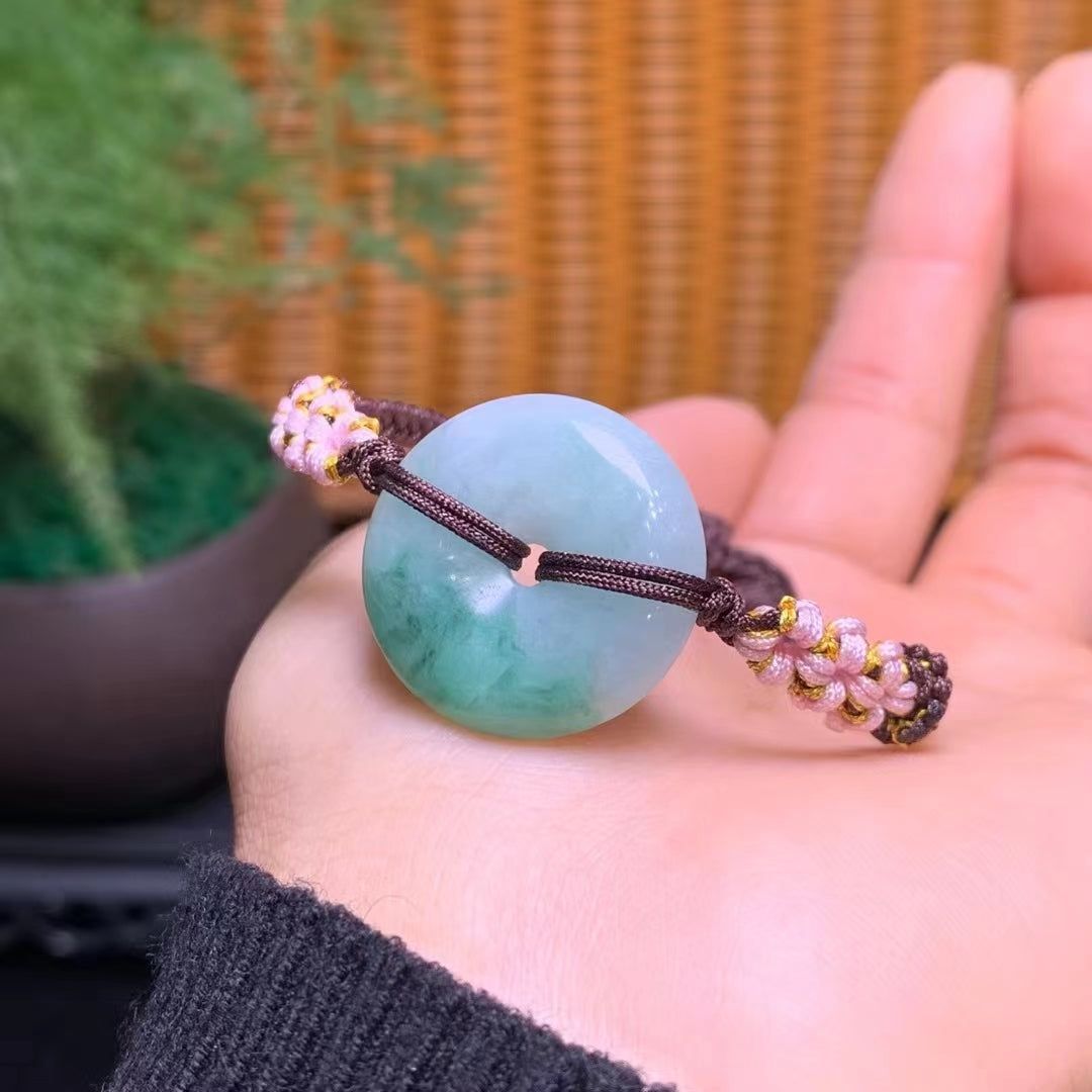 Natural Burmese green jade handmade sennit donut bracelet