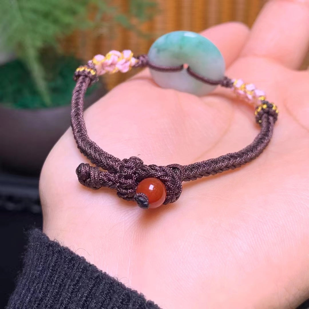 Natural Burmese green jade handmade sennit donut bracelet