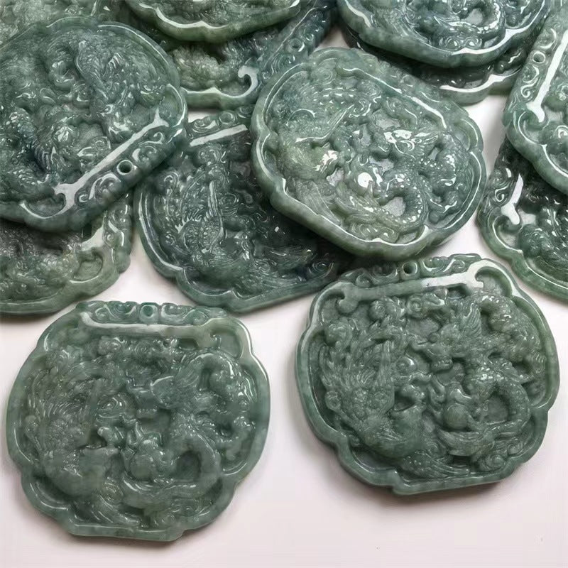 Genuine Green Jade Dragon Phoenix Necklace, Vintage Pair Pendant Jewelry