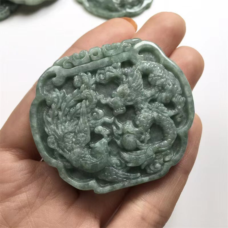 Genuine Green Jade Dragon Phoenix Necklace, Vintage Pair Pendant Jewelry