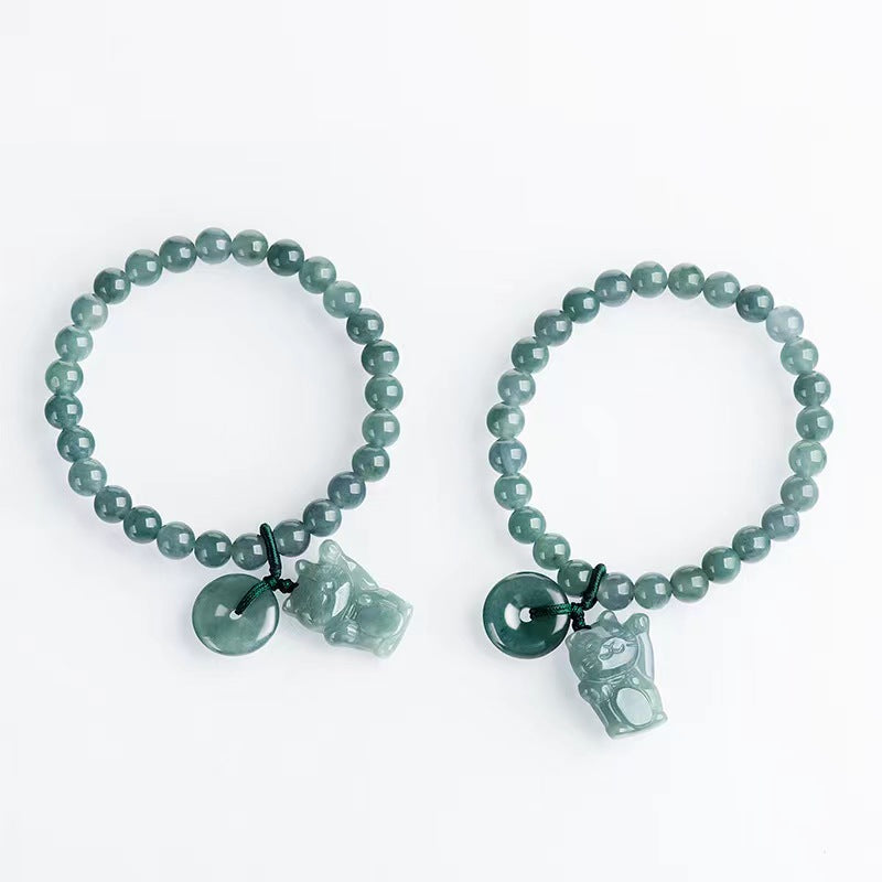 Genuine Blue Water Jade Luky Cat Bracelet Jadeite Fortune Cat Healing Jewelry Bracelet