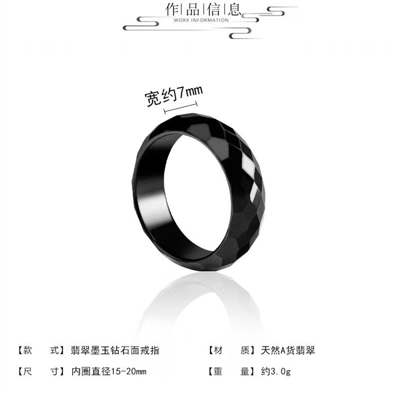 Hot selling fashion black real jade multi faceted ring diamond cut face jadeite rings