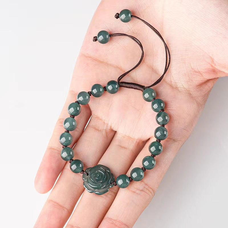 Authentic Icy Green Jade Rose Bracelet Handcrafted Flower Blossom Charm