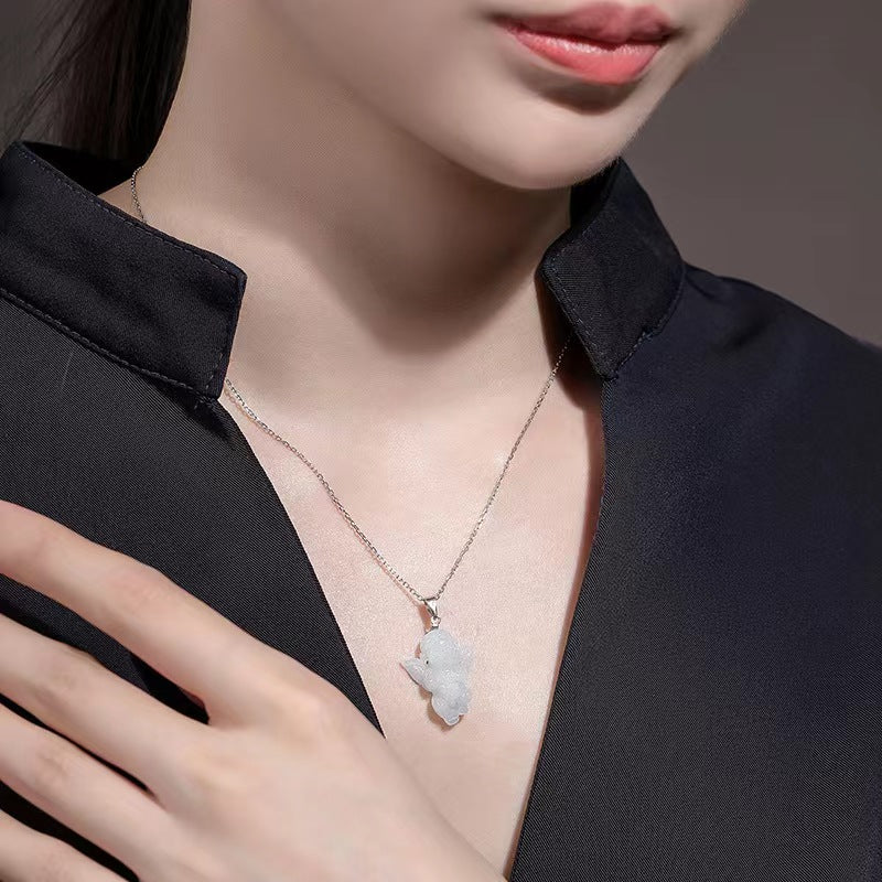 Real Jade Angel Necklace Cute Cupid Pendant 925 Sterling Chain