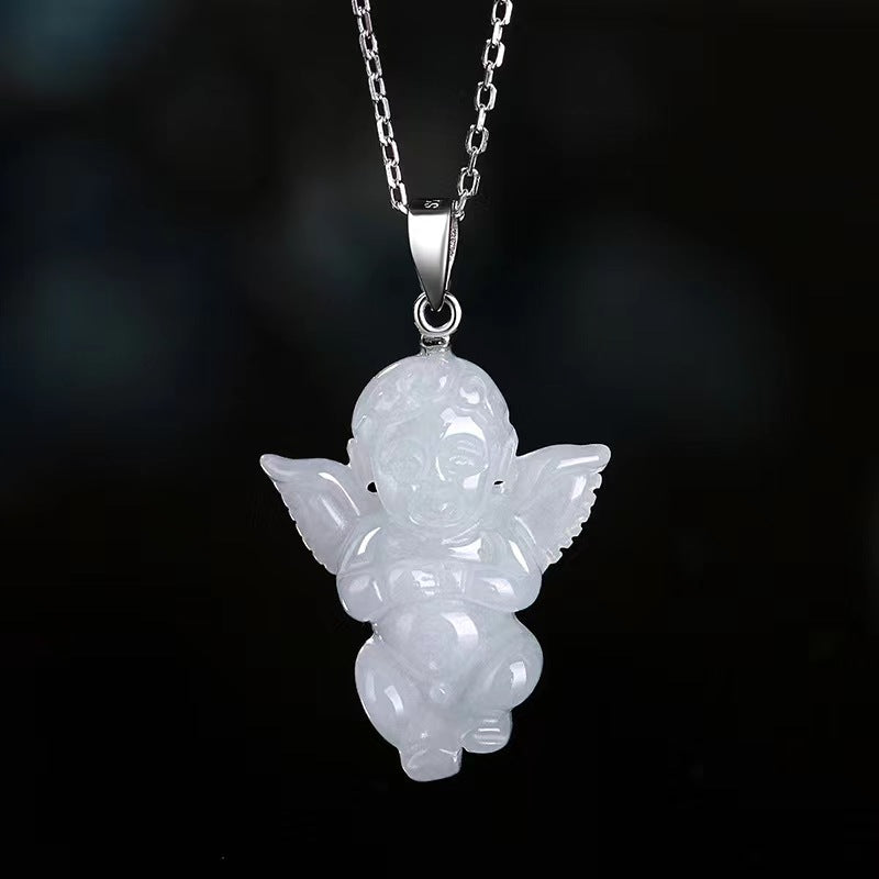 Real Jade Angel Necklace Cute Cupid Pendant 925 Sterling Chain