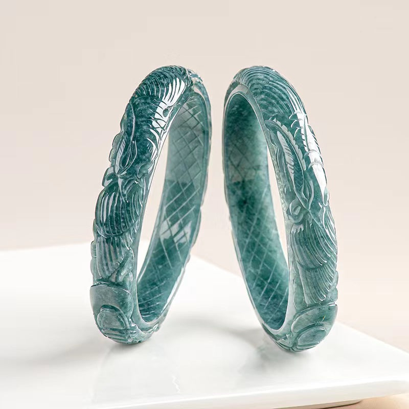 50mm-60mm Certified Natural Jade Grade A Jadeite Dragon and Phoenix Bangle