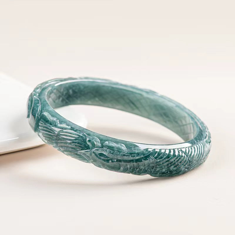 50mm-60mm Certified Natural Jade Grade A Jadeite Dragon and Phoenix Bangle