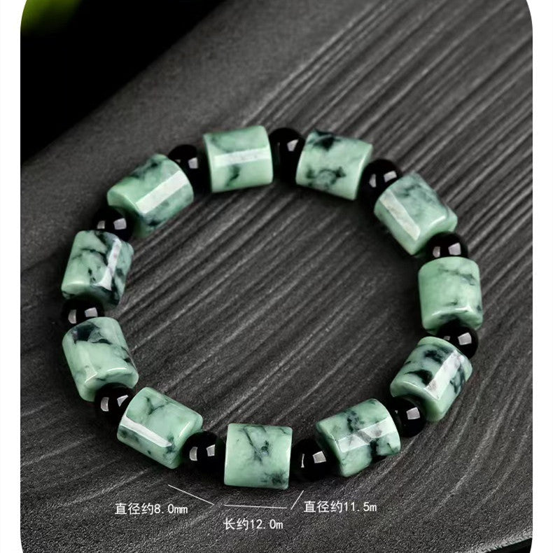 Natural Ink Jadeite Lulutong Tube Shape Beaded Green Jade Bead Bracelet