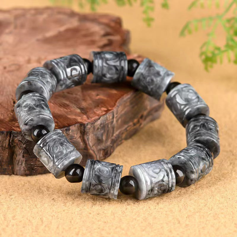 Certified Grade A Wuji Jadeite Jade Gray Carved Cylindrical Barrel Tube Bracelets