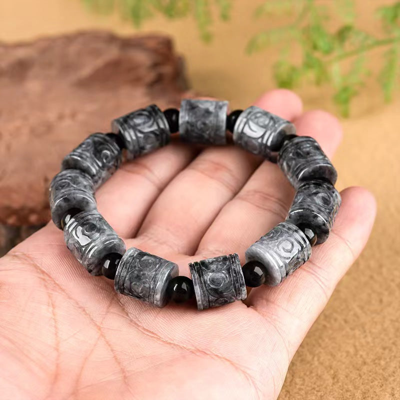 Certified Grade A Wuji Jadeite Jade Gray Carved Cylindrical Barrel Tube Bracelets