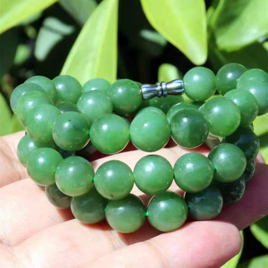 10mm Beads Natural Icy Siberian Chatoyant Cat-Eye Green Hetian Jade Nephrite Necklace