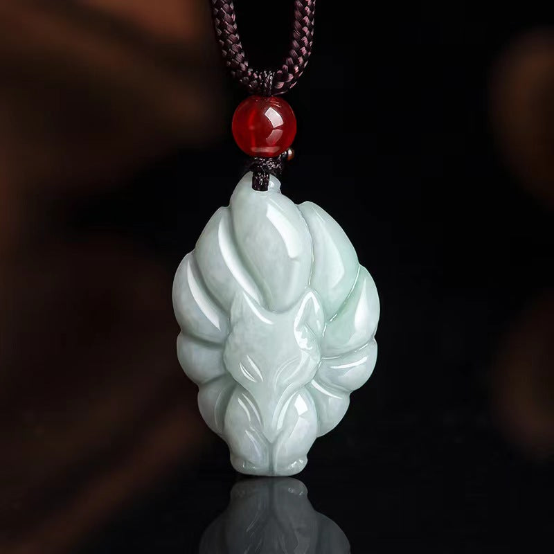 Real Jade Nine Tailed Fox Pendant, Authentic Carving Kitsune White Jadeite Necklace