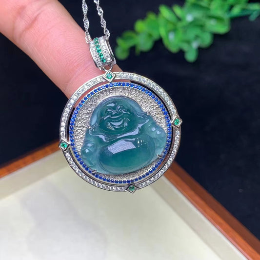 Laughing Buddha good luck oval 925 silver inlay Buddha pendant necklace