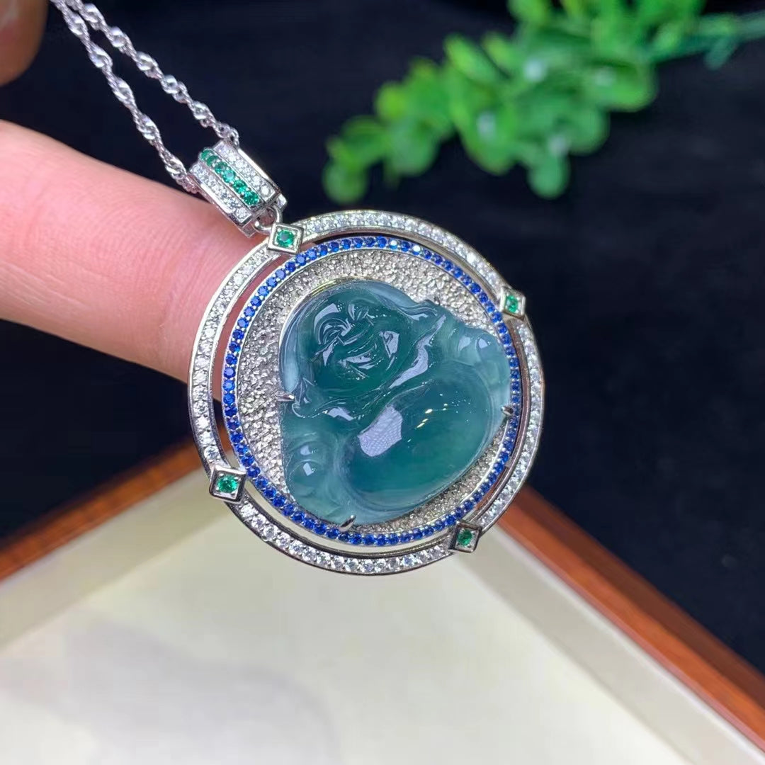 Laughing Buddha good luck oval 925 silver inlay Buddha pendant necklace