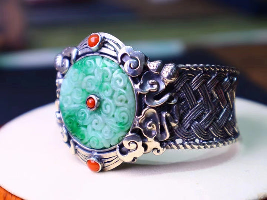 Burmese Green jadeite donut inlay jade donut silver bangle