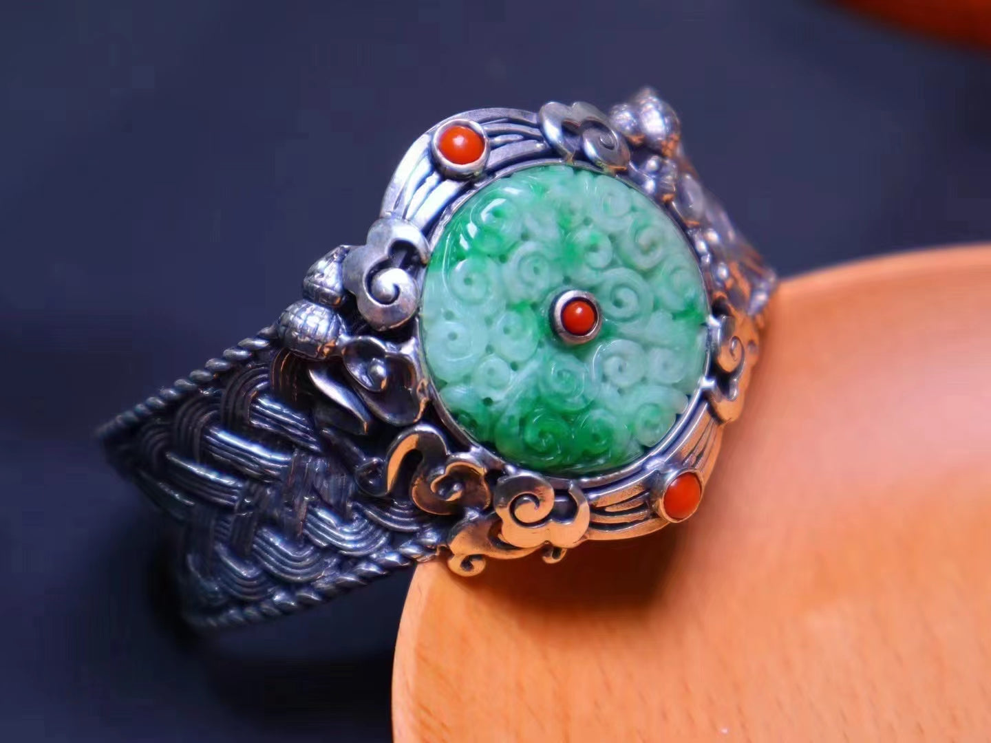 Burmese Green jadeite donut inlay jade donut silver bangle