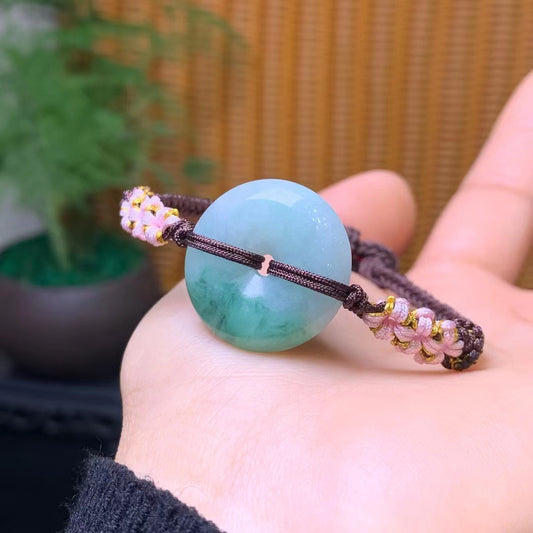 Natural Burmese green jade handmade sennit donut bracelet
