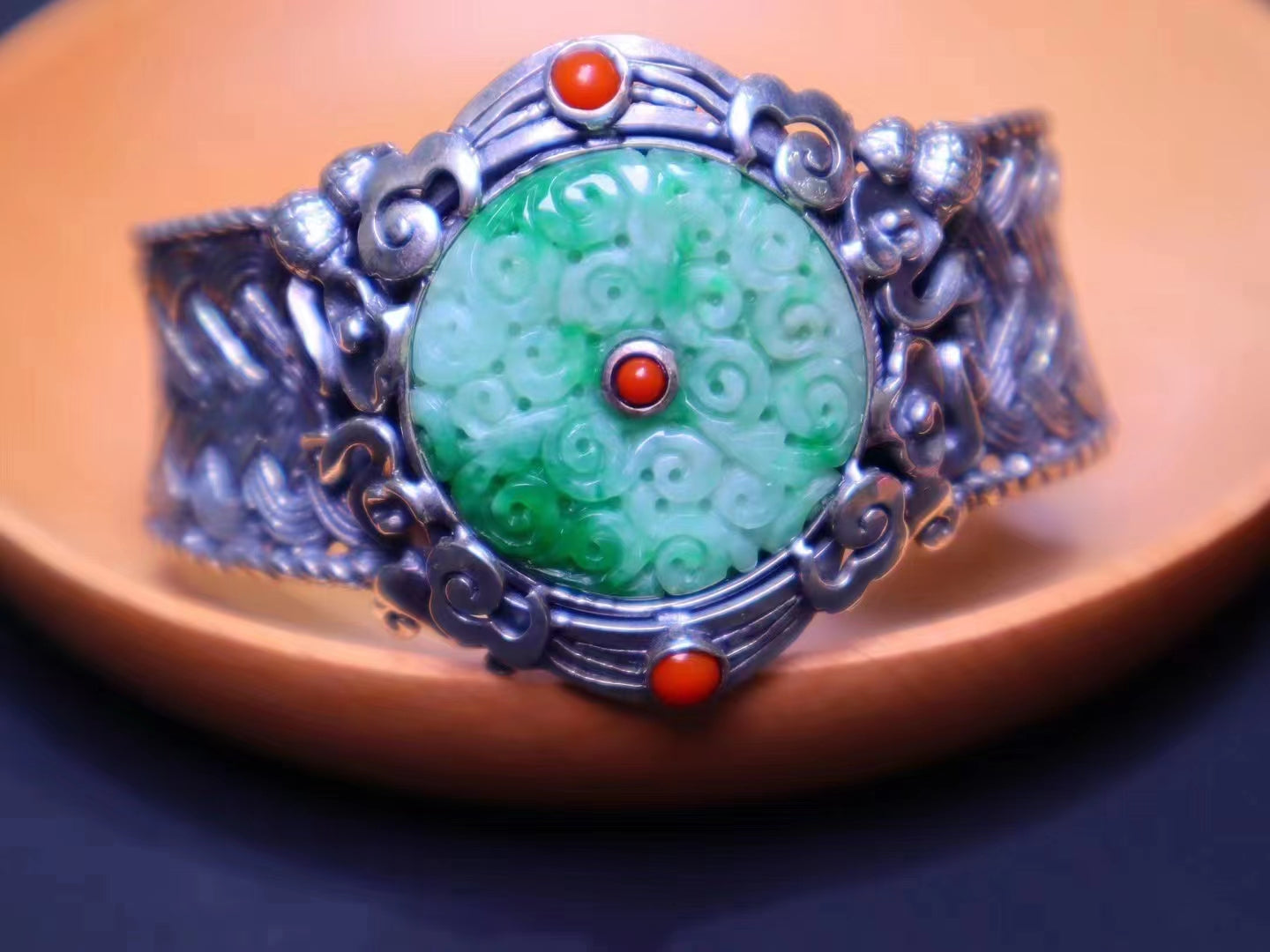 Burmese Green jadeite donut inlay jade donut silver bangle