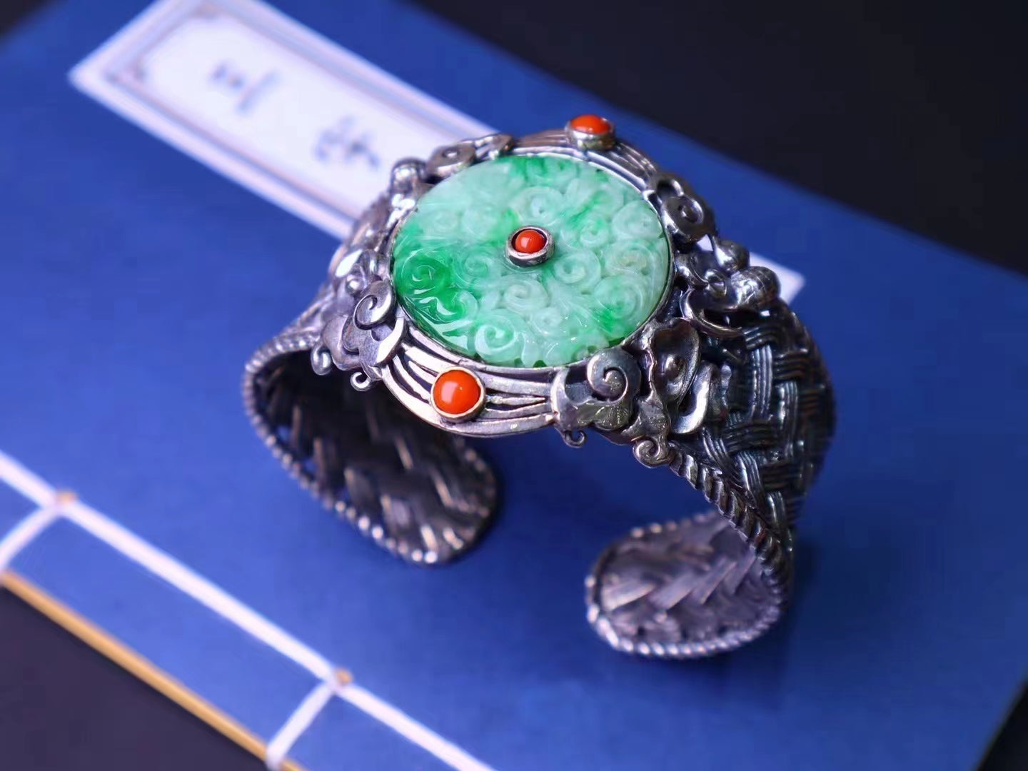 Burmese Green jadeite donut inlay jade donut silver bangle