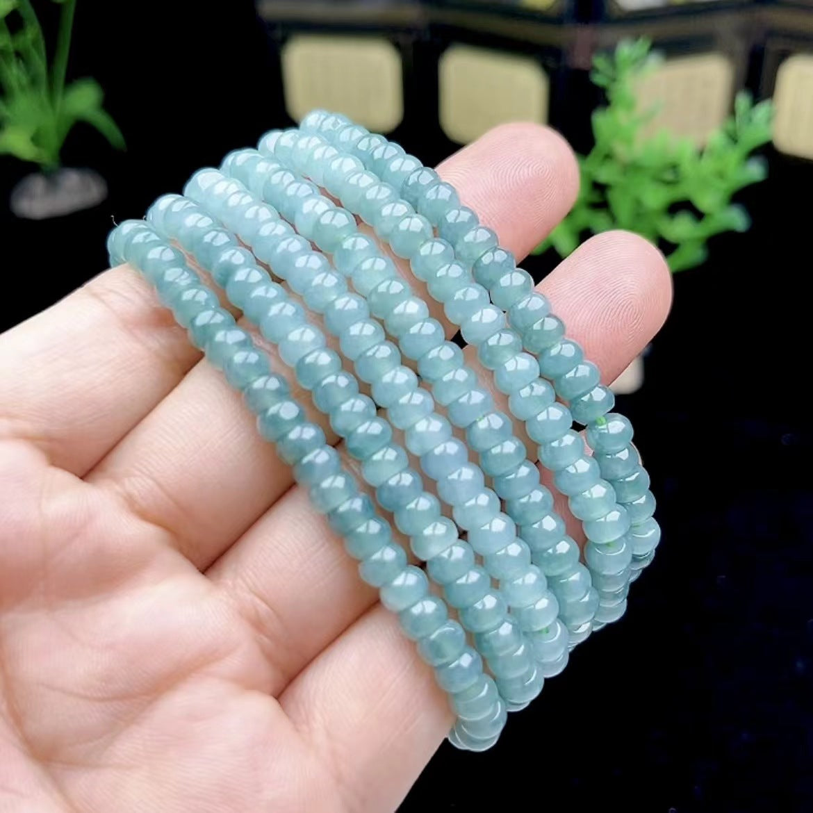 Natural Burmese Icy Highly Translucent Gelatinous Blue Flat Beads Beaded Bracelet
