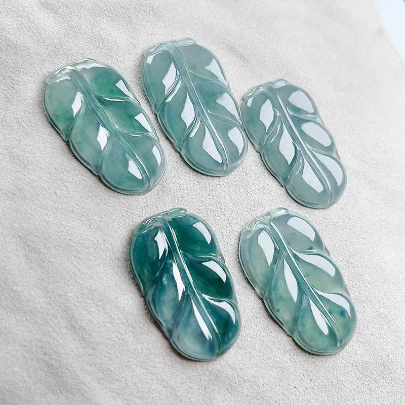 Natural Grade A Icy Blue Jadeite Jade Leaf Pendant Jade Loose Pendant Jewelry Supplies