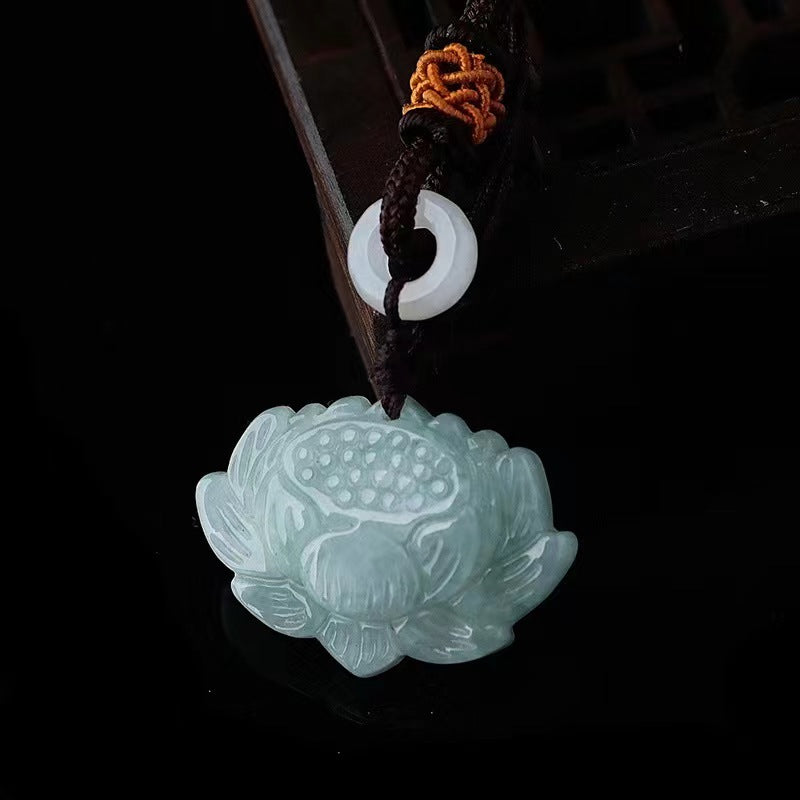 Real White Jade Flowers Necklace Floral Lotus Pendant