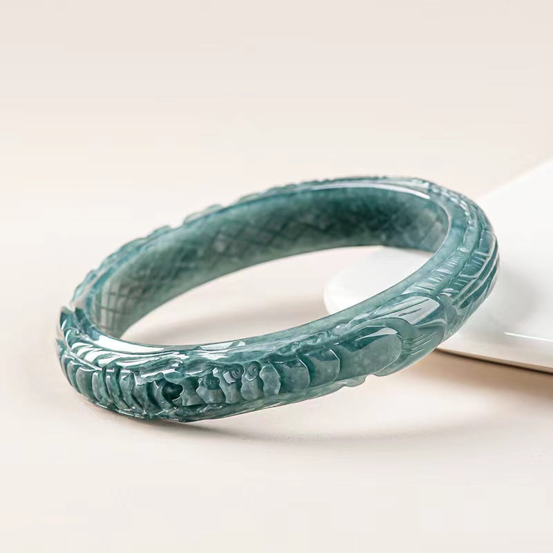 50mm-60mm Certified Natural Jade Grade A Jadeite Dragon and Phoenix Bangle