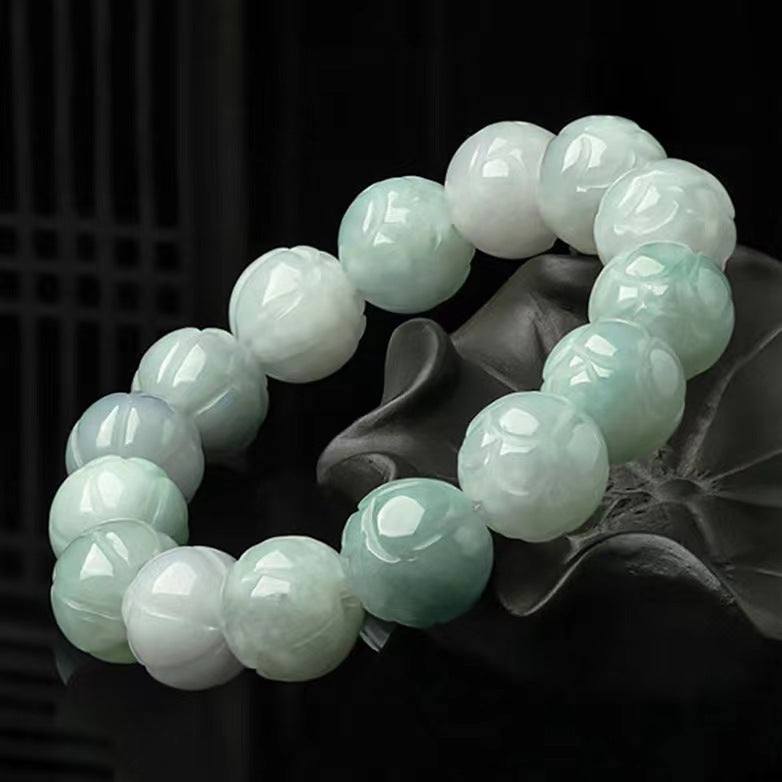 Wholesale Natural Burmese Jadeite Grade A Jade Carved Lotus Beads Bracelet