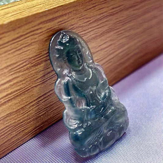 Certified Natural Guatemalan Icy Highly Translucent Gelatinous Rich Teal Green Jadeite Guanyin Pendant