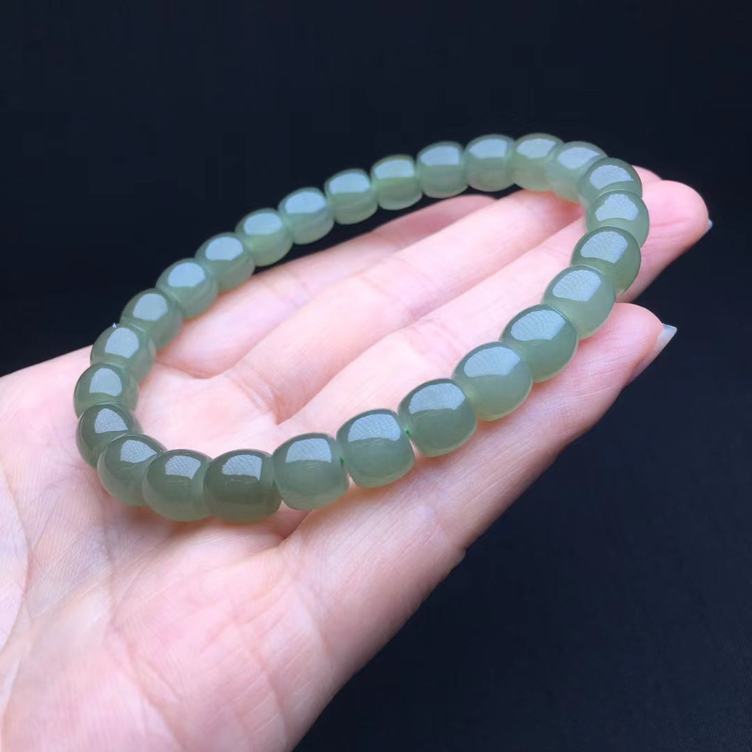 8mm Nephrite Natural Hetian Green (Qingshui) Barrel Jade Beads Bracelet