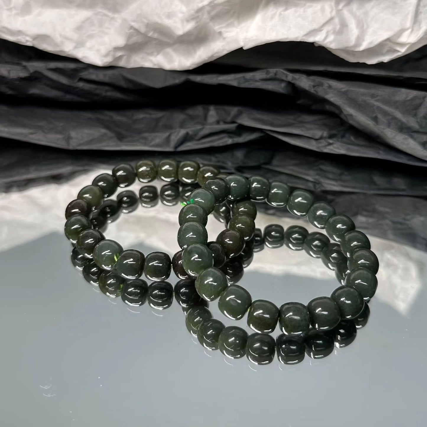 Certified Hetian Jade Dark Green Tube Cylinder Stretch Beaded Bracelets
